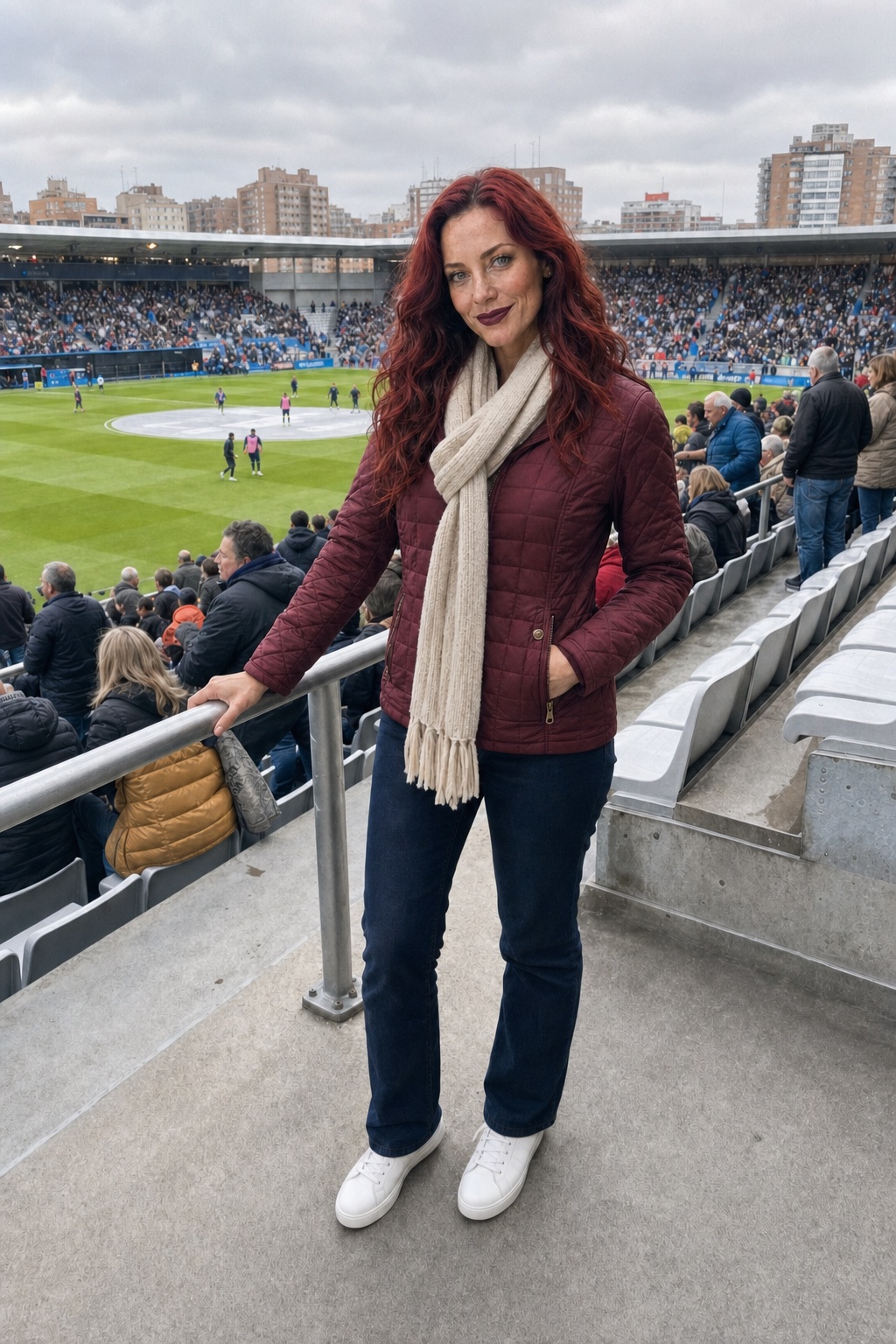 Jenna Sahara watching a soccer match from the stands